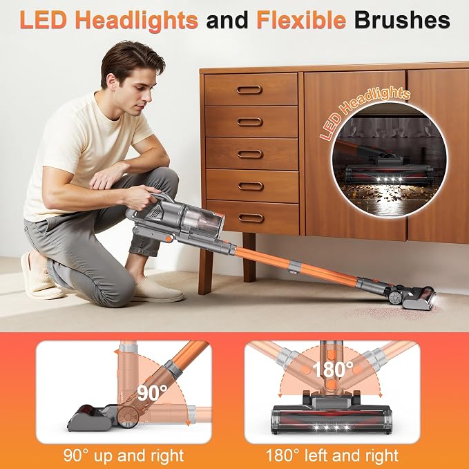Zefiro Cordless Vacuum Cleaner, 600W 50KPA 55Mins Vacuum Cleaners for Home, Stick Vacuum with LED Display, Anti-Tangle, Wall Mount, Lightweight, Rechargeable Wireless Vacumm for Pet Hair (Orange)