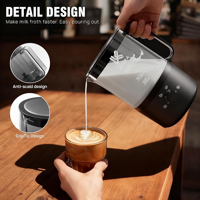 KIVRA Milk Frother and Steamer 350ml | 4 Mode cold foam maker for Hot and Cold Drinks | Durable Non Stick Milk Frother for Coffee Lovers – Includes 1x Whisk, Measuring Cup, String Bag & Brush