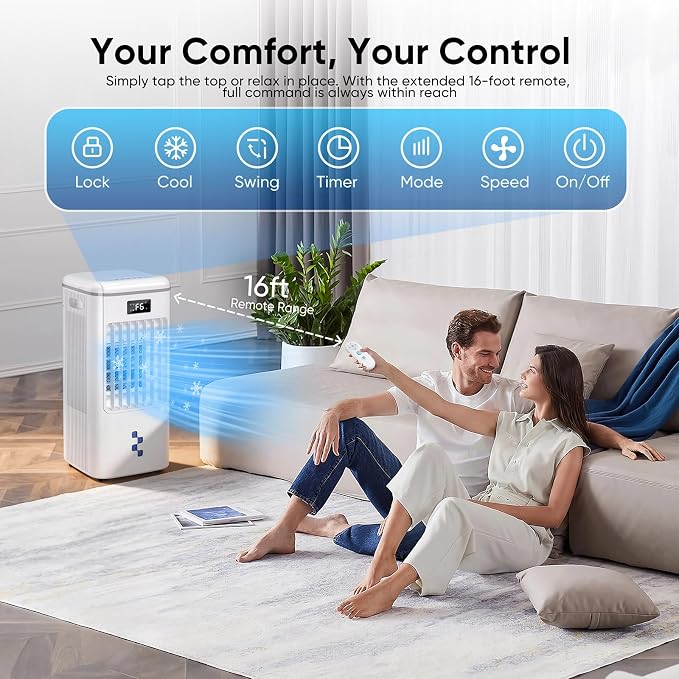 Windowless Portable Air Conditioners Fan, Evaporative Air Cooler 3 Modes & 3 Speeds, 2-Gal Tank for 20H Cooling,12H Timer for Smart Auto-off, 16FT Remote,No Hose Needed,38db Swamp Cooler FK2508Y