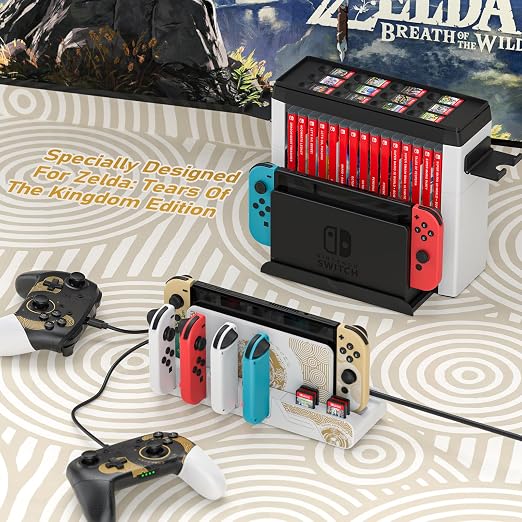 Switch Games Organizer Station with Controller Charger, Charging Dock for Nintendo Switch & OLED Joycons, Switch Mounts, Brackets & Stands for Games, the Legend of Zelda: Tears of the Kingdom Edition