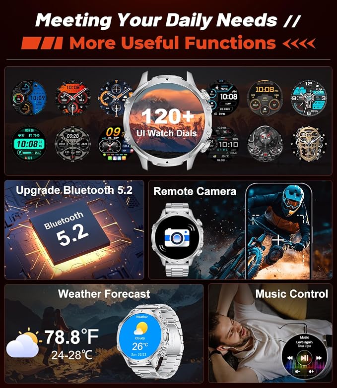 Military Smart Watch for Men, 1.85'' HD Large Screen Smartwatch, 800mAh/LED Flashlight/IP68 Waterproof/Pedometer/100+ Sports Fitness Tracker, Mens Smart Watches for Android iOS, Silvery