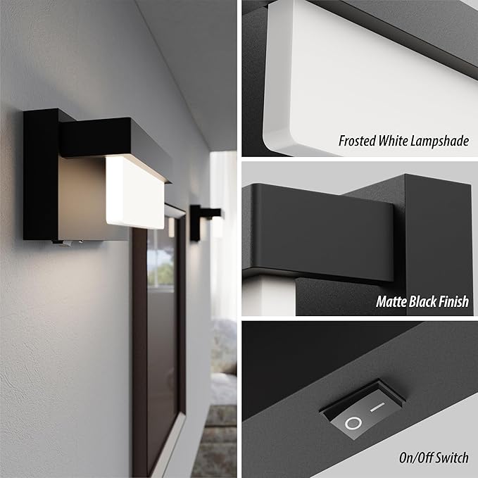 Switched LED Wall Sconce Set of 2, Indoor 8 inch 12 Watt 4000K Wired Black Wall Mounted Sconce Light with On/Off Switch, Frosted Arcylic Shade Sconces for Bedroom Living Room Bathroom Kitchen Hallway
