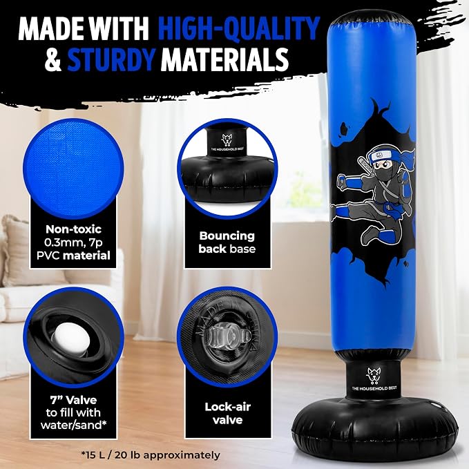 THB Punching Bag for Kids - Inflatable Punching Bag with Boxing Gloves for Kids Age 3-8, 63” Ninja Boxing Bag with Electric Air Pump to Practice Taekwondo, Karate, MMA, Bouncing Back