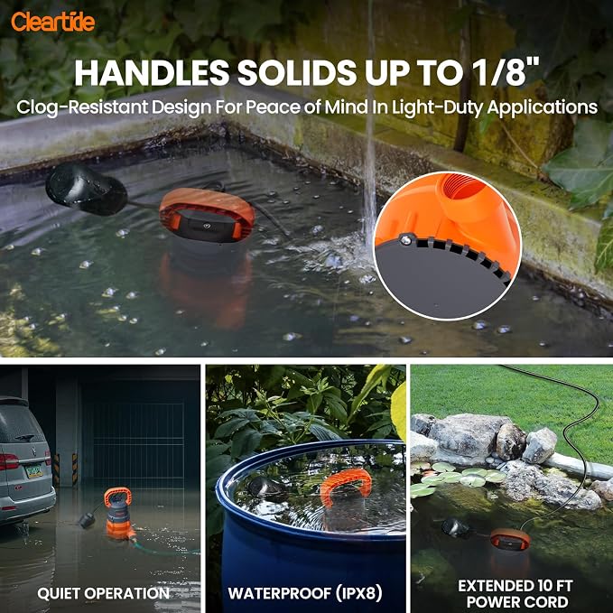 Cleartide Submersible Utility Pump with Float Switch, 2160 GPH High Flow, Water Pump with Copper Motor, Ideal for Yard and Flooded Cellar, Hot Tub, Garden Irrigation