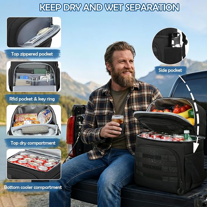 Insulated Lunch Backpack for Men, Tactical Cooler Backpack, Double Deck Leak Proof RFID Backpack Coolers for Work, Camping, Hiking & Picnic (Black)