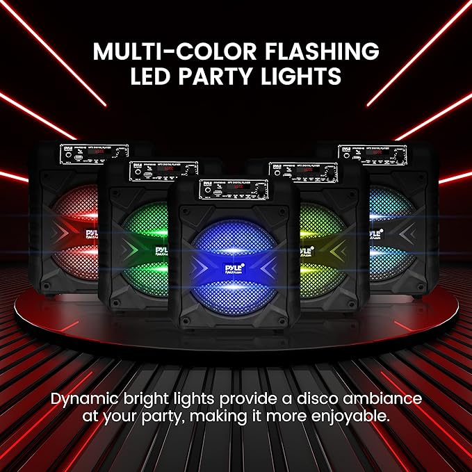 Pyle Portable Bluetooth PA Speaker System, 300W Rechargeable Outdoor Bluetooth Speaker Portable PA System w/ 8” Subwoofer, AUX, Microphone in, Party Lights, MP3/USB, Radio, Remote