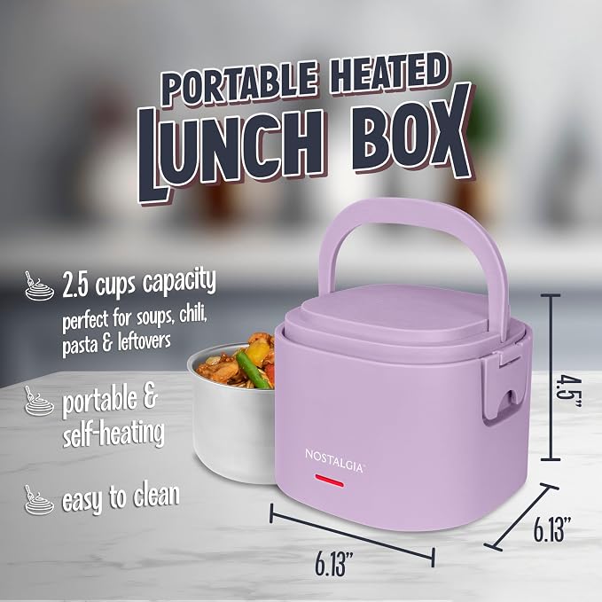 Nostalgia Portable Heated Lunch Box – 2.5-Cup Stainless Steel Food Warmer – Detachable Cord, Leak-Proof Lid, Carry Handle – Portable for Work & Travel – Lavender