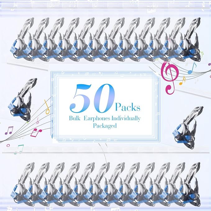 Kanayu 50 Pack Wired Earbuds Bulk for Classroom Ear Headphones Wired Basic Student Earbuds No Microphone with 3.5MM Jack for Class Laptop School Library, Individually Bagged (Dark Blue)