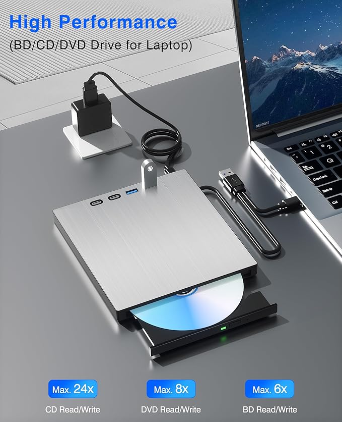 External Blu ray Drive for Laptop Blu Ray Burner External Blueray/dvd Drive for PC USB 3.0 Type-C Support 100G BD Disc Drives Portable Bluray DVD Player CD Reader Compatible with Windows Linux Mac OS