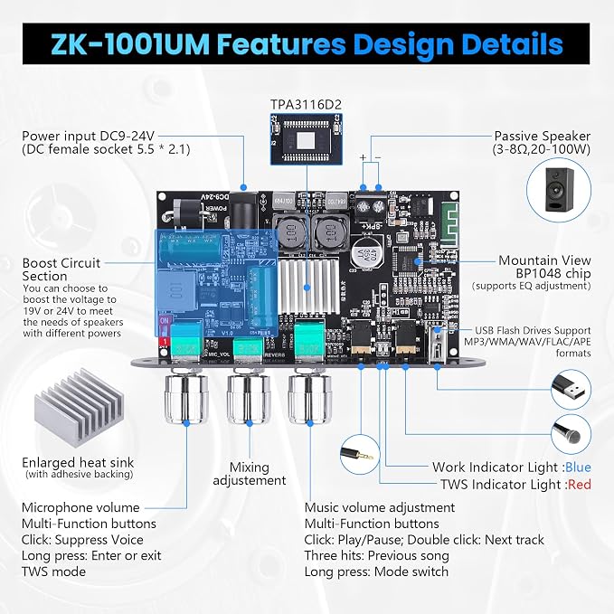ZK-1001UM Bluetooth 5.3 Amplifier Board, 100W Mini Mono Audio Amp with TWS Box, DC 9-24V Boost Circuit Amps for Home Outdoor DIY Speakers, MIC and Reverb, USB/AUX Input, (2 Pack)