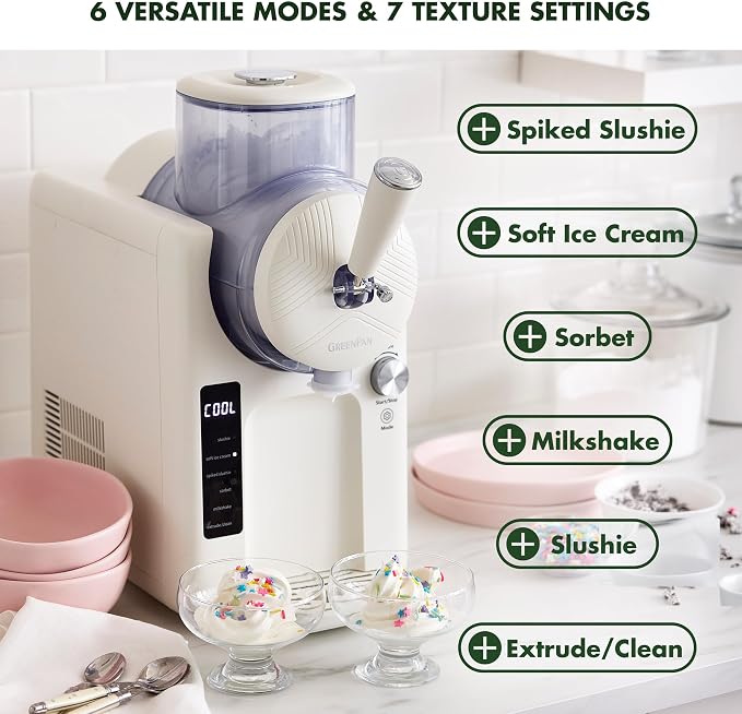 GreenPan Frost Ice Cream Maker & Slushie Machine, Mixing Bowl included, Soft Serve, Sorbet, Margaritas, Milkshakes, Frozen Yogurt, No Pre-Freezing, Ready in 15 Mins, 6 Modes, Self-Cleaning, Cream