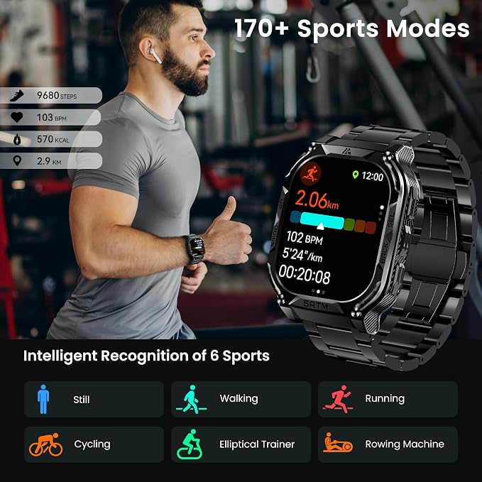 AMAZTIM Smart Watch with GPS - Rugged Outdoor Fitness Watch, 170+ Sports Modes, 5 ATM Waterproof, 1.96" AMOLED, Answer/Make Calls, Android & iOS Compatible (2 Straps)