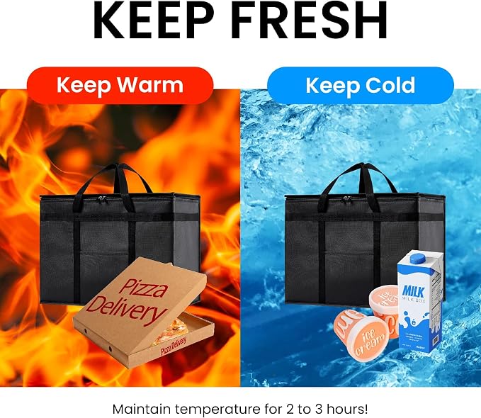 NZ home Insulated Bags for Food Delivery (XL Plus) Grocery Shopping Cooler Bag, Pizza Delivery, Hot & Cold Catering Tote, Reusable, Foldable & Heavy Duty (4 Pack, Black)
