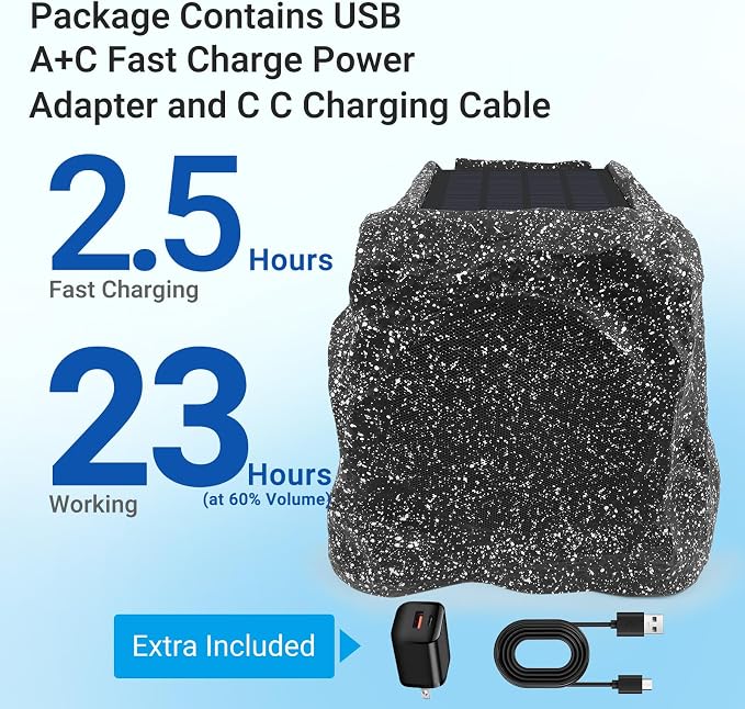 Herdio 6.5" Rock Bluetooth Speakers Outdoor Waterproof IPX7 Wireless Solar Max 200 Watt, TWS Connection Powered with Rechargeable Battery for Garden Patio Deck Pool Backyard（Black，1Pair）
