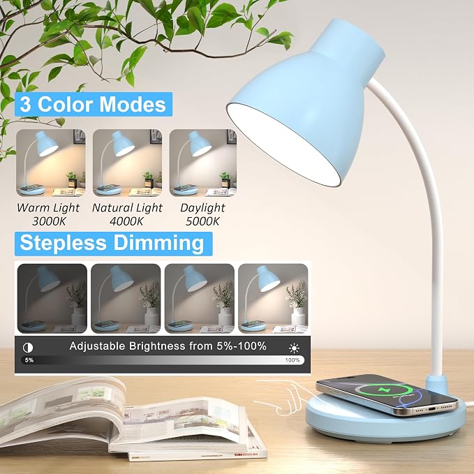 Desk Lamps for Home Office - LED Desk Lamp with Wireless Charger, 3 Color Modes Dimmable Eye-Caring Study Reading Desk Light, Small Flexible Arm Table Lamp for College Dorm Room Bedside, Blue