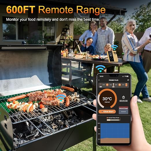 Wireless Meat Thermometer with 2 Ultra-Thin Probes, Bluetooth Digital Food Thermometer 600FT Remote Range, Standalone Smart Base for Grill Smoker Roast Oven, Cooking