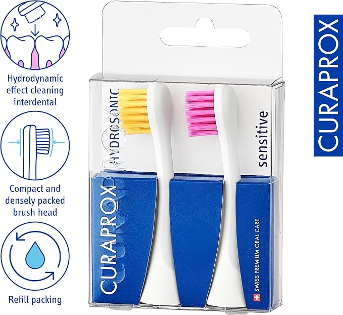 Curaprox Hydrosonic Brush Heads Rainbow Sensitive Duo – for Gentle Gum Care & Effective Plaque Removal | Yellow/Pink, 2-Pack | Compatible with All Curaprox Sonic Models | Swiss Made