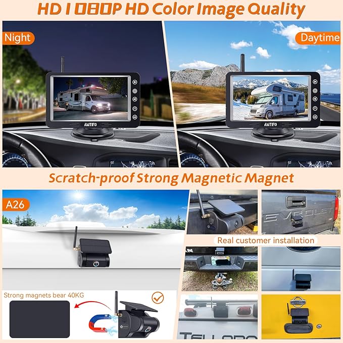 Wireless Backup Camera Magnetic Solar: Install-Free Bluetooth Strong Signal - 5in 1080P Scrath-Proof Rechargeable Wireless Rear View Camera for Trucks RVS Trailer Cars A26