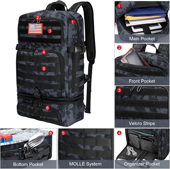 BERTASCHE Lunch Backpack for Men, 15.6 Inch Laptop Backpack for Work College Travel Camping Tactical Molle Daypack, Camo Navy