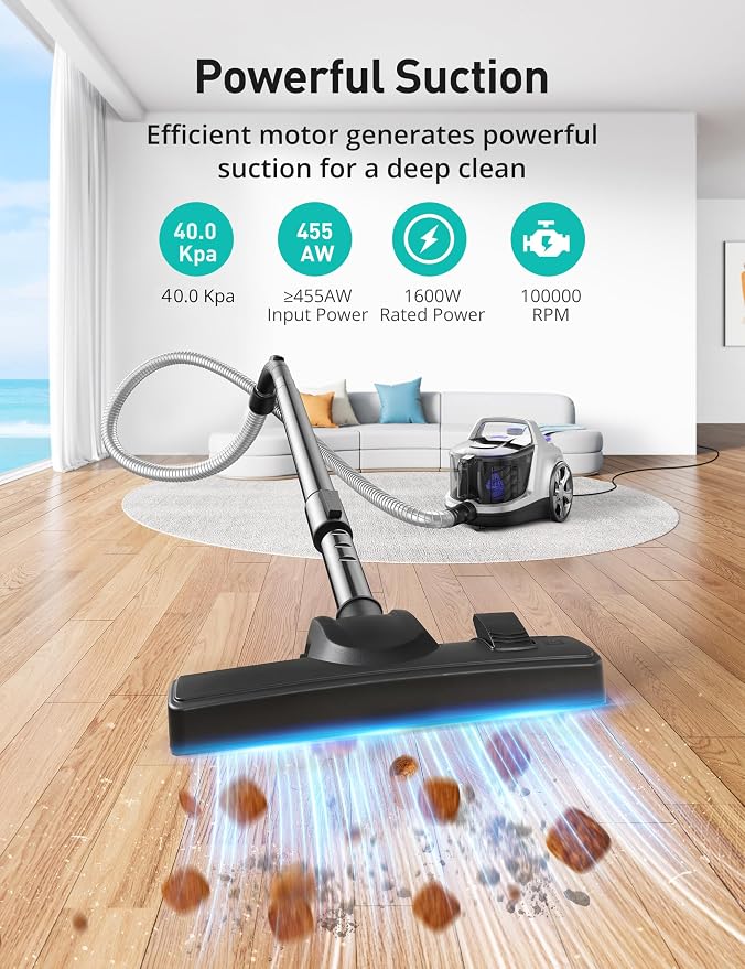 Aspiron 40Kpa Canister Vacuum Cleaner, 1600W Bagless Canister Vacuum Cleaner with 5 Tools, Auto Cord Rewind, H13 HEPA Filter, 4Qt Large Cup, for Hard Floors, Carpet, Pet, Upholstery, Tiles, Purple