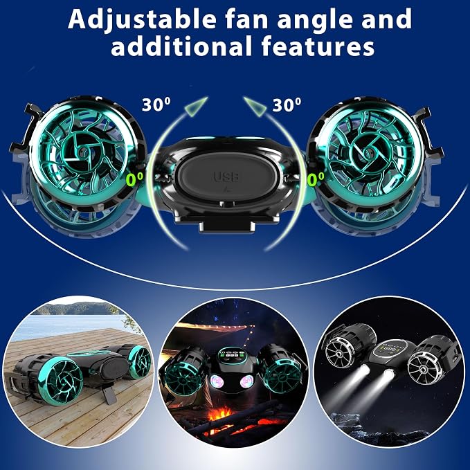 Portable Waist Fan, Shirt Fan with Light, 2025 Upgrade Cool Clip Rechargeable,8000mAh Power Bank,4 Speeds 12000RPM Strong Airflow for Camping Travel Fishing Hiking Cycling (Green Black)