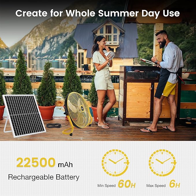 Fanspex 18" Solar Rechargeable Floor Fan for Outdoor, 22500 mAh Battery Operated Fan with 35W Solar Panel Powered for Patio Gazebo Camping, 360° Tilt (19.1 ft/s Airflow)