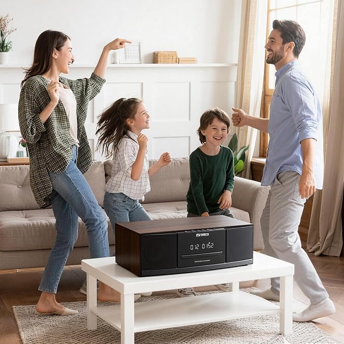 JA-318 CD Player Stereo System for Home, 36W RMS HiFi Bluetooth 5.3 CD Player with Speakers, FM Radio 40 Presets, USB/AUX Playback, LED Clock & Alarm, IR Remote Control, Vintage Wooden Design