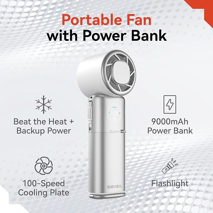 SEIGA Pro Metal Ice Fan with Cooling Plate & 9000mAh Power Bank, 10500 RPM 100-Speed Handheld Fan, 22.5W Fast Charge, USB-C Cable & Flashlight for Travel & Summer