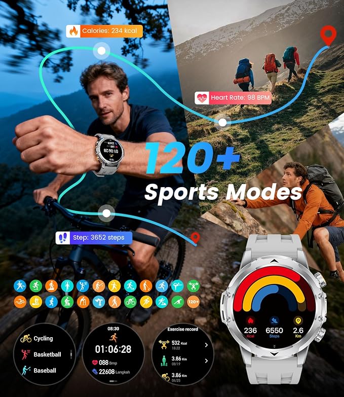FITFLEX Military Smart Watches for Men with Answer/Make Call, 1.53“ HD Smart Watch with 1000 mAh Battery/LED Torch/120+Sports/Waterproof IP68, Watch for Men Compatible with Android/iOS(Silver)
