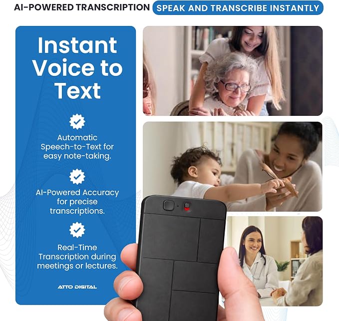 aTTo Digital AI Voice Recorder – AI Transcription, Multiple Languages & Noise Cancellation – 64GB Memory, 500 Hours Recording & 30-Hour Battery – Portable, Compact Design for Professionals & Students