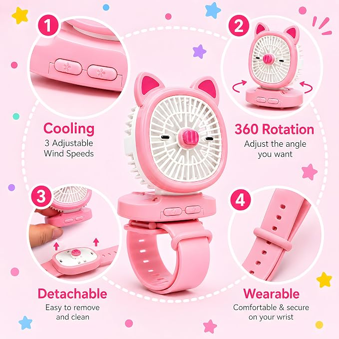 Personal Fan with Wrist Strap - Battery Operated, USB Rechargeable Fan Portable, LED Lights, 3 Adjustable Speed - Portable Fans for Kids Children Boys Girls Indoor Outdoor (Pink)