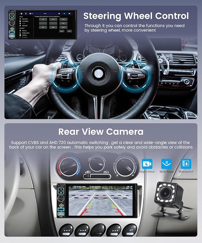6.8" IPS Touch Screen Single Din Car Stereo, Wireless CarPlay Android Auto, Bluetooth 5.2 Handsfree Call, FM Radio EQ, Backup Camera, SWC, USB & Type-C