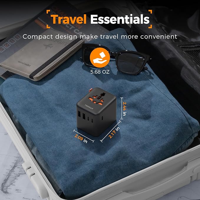 TESSAN Universal Travel Adapter 28W, International Power Adapter with 5 USB Ports (3 USB C), Travel Plug Adaptor Worldwide for US to Europe UK France Germany Spain Australia (Type C G A I), Black