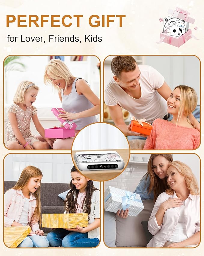 ENVYCLOUD CD Player Portable with Dual Stereo Speakers, Rechargeable Portable Player with Bluetooth for Home with Headphones, Support CD/AUX/USB,White