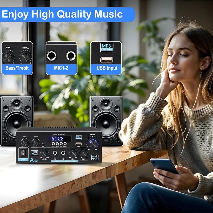 AK55 Stereo Amplifier Home Audio, Bluetooth 5.0 Max 600W Power Stereo Receivers 2.0 Channel Audio Amplifier for Speaker W/Remote Control/AUX/RCA/Echo/USB/2 MIC in for Home Party, Karaoke