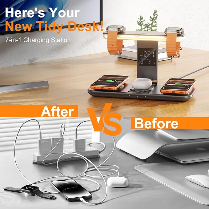 7-in-1 Wireless Dual Phone Charging Station for Apple, Dual Magsafe Charger for iPhone 17-12 Series, for Dual Apple Watch Charger for iWatch, with Air Pods Charger, Night Light & Clock