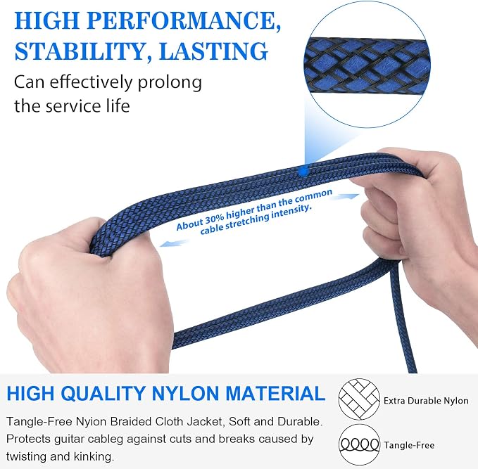 JOLGOO 1/4 Inch Cable Guitar Cable 10 Ft Straight to Right Angle 1/4 Inch 6.35mm Plug Bass Keyboard Instrument Cable Blue and Black Tweed Cloth Jacket, Electric Mandolin, pro Audio