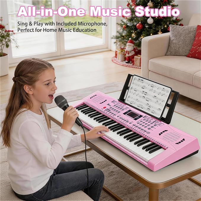 61 Key Electronic Keyboard, Kids Portable Music Keyboard with 100 Tones & Rhythms, Recording & Programming, Gift for Children Early Education Beginners, Pink