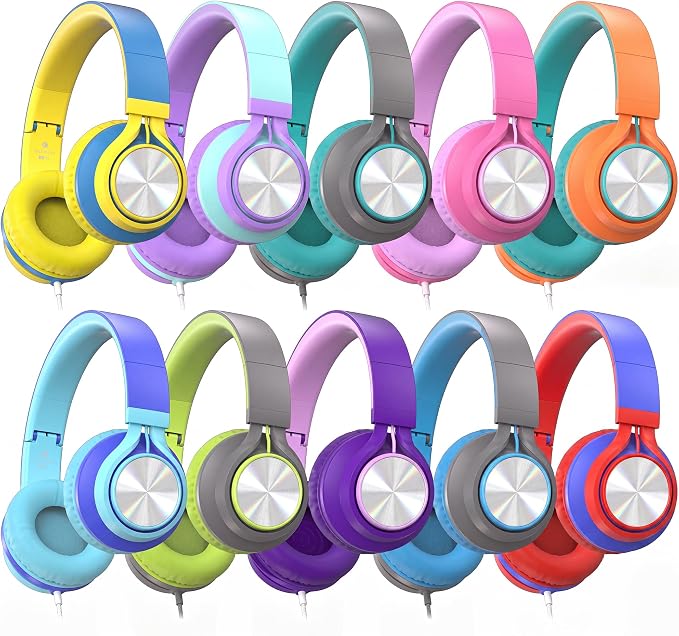 AILIHEN Classroom Headphones Bulk 10 Pack with Microphone - C8 On-Ear Wired Kids Headphones for School with 3.5mm Jack for Library Home Online Learning (Multicolor)
