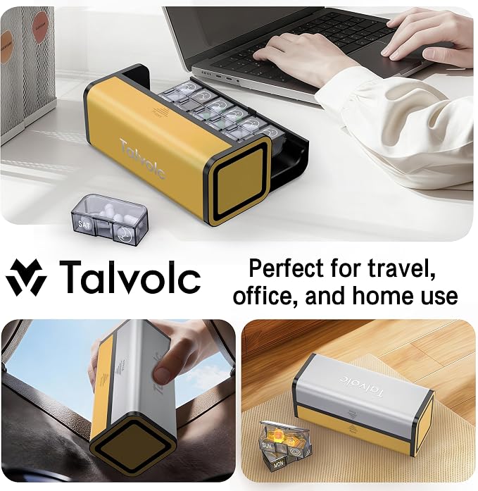 Pill Organizer 7 Day AM PM, Discreet 2 Times a Day Weekly Pill Box with Double Protection Shell, Large Capacity Portable Vitamin Case for Travel Meds & Medicine Organizer (Silver and Yellow)