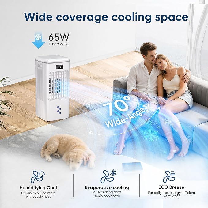 Portable Air Conditioners Fan, Windowless Evaporative Air Cooler 3 Modes & 3 Speeds, 12H Timer for Smart Auto-off, 2-Gals Tank for 20H Cooling,16FT Remote,No Hose Needed,38db Swamp Cooler
