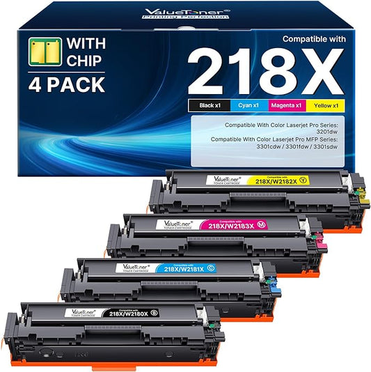 218X 218A Toner (with Chip) Compatible for HP 218X 218 Toner Cartridges 4 Pack for Hp Color LaserJet Pro MFP 3301fdw 3301sdw 3301cdw 3201dw Printer Ink Set W2180X (BCMY) | 218X 218 Toner