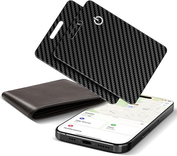 Wallet Tracker Card (iOS Only), Rechargeable Smart Card Wallet Tracker Works for Apple Find My, Thin Bluetooth Tracking Card GPS Tracker, Key Finder for Keys, Bags, Passport, Carbon Fiber