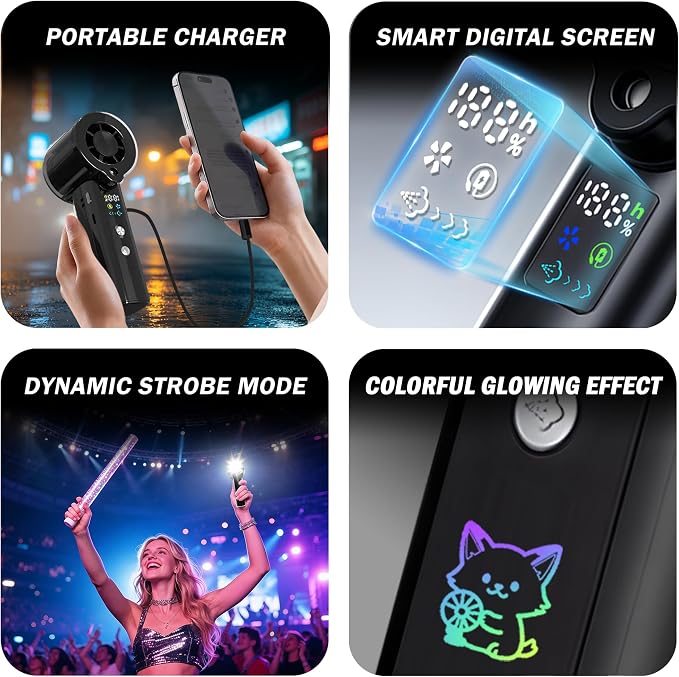 Portable Misting Fan, Handheld Rechargeable Fan with Water Mist, Personal Mini Turbo Fan with 1-100 High Speeds (20000 RPM), LED Light for Music Festival, Summer Trip Must-Haves, Black