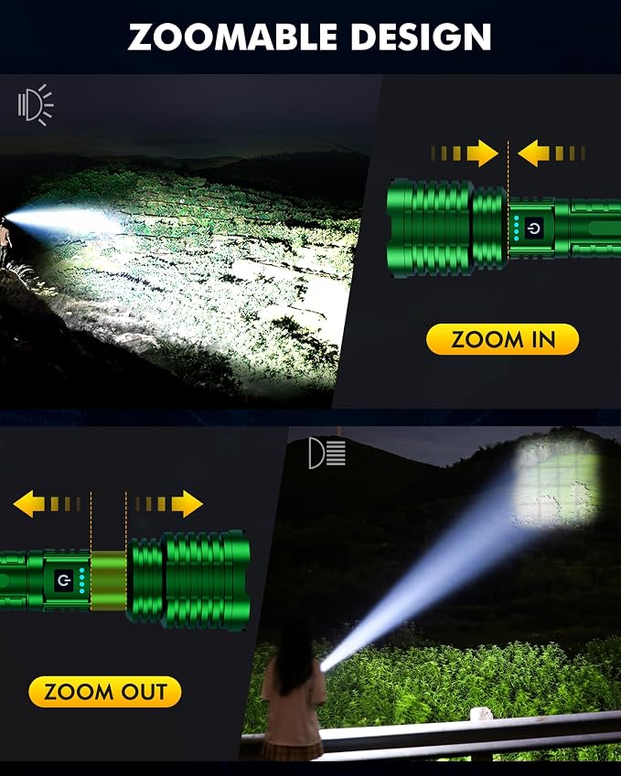 Rechargeable Flashlight 100,000 High Lumens, Super Bright Flashlights Powered by Battery, Handheld Waterproof Tactical LED Flashlight-Zoomable 5 Modes-31H Runtime for Emergency Camping (Green)