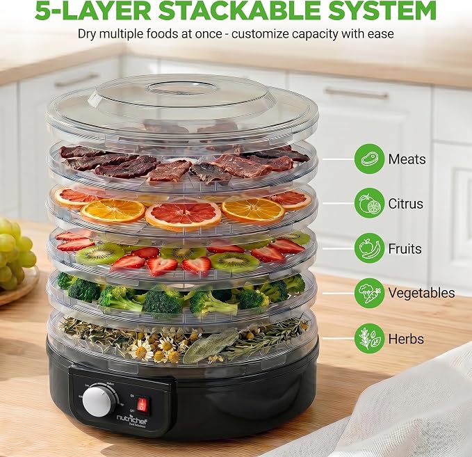 NutriChef Food Dehydrator Machine, Ideal for Jerky, Meats, Mushrooms, Fruits & Vegetables - BPA Free & Even Dehydration - 5 Easy to Clean Trays