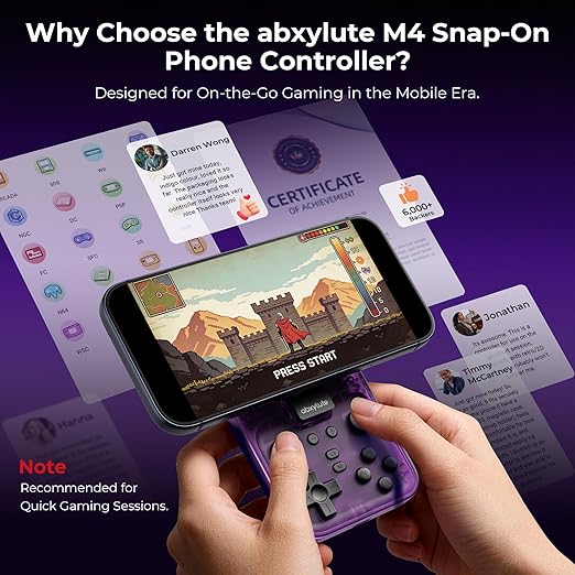 abxylute M4 Snap-On Mobile Gaming Controller for Android & iPhone, Switch 1&2, Portable Bluetooth Mini Controller, Pocket-Sized Retro Emulator Gamepad w/Stand, Dual Joystick Turbo Pro Gaming, Magnetic (Purple)