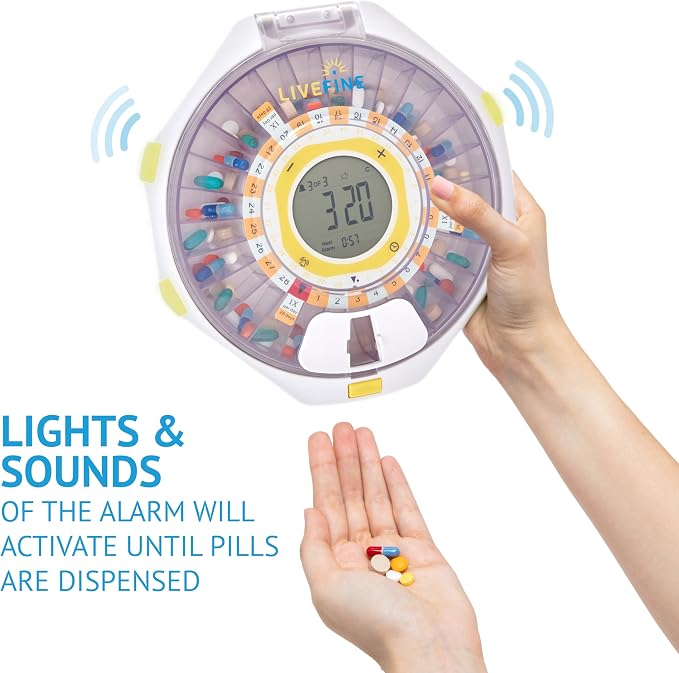 LiveFine Bluetooth Automatic Pill Dispenser, 28-Day Capacity, Sound & Light Alerts, Key Lock, LCD & Easy Setup on the LiveFine App for Prescriptions, Medications, Vitamins & Supplements - Clear Lid