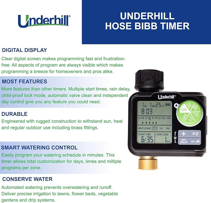 Underhill AquaVision Digital Hose Timer, Dual Zone Automatic Garden Water Timer with LCD Display, Programmable Irrigation Controller for Sprinklers, Drip Systems & Garden Hose Faucets