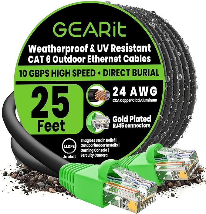 GEARit Cat6 Ethernet Cable 25ft, Outdoor Direct Burial Cat 6 Cable 24AWG High Speed Up to 10Gbps/550 MHz, LLDPE (PE) UV-Resistant Waterproof Jacket, CCA RJ45 Lan Internet Cable for Router- Black,25FT